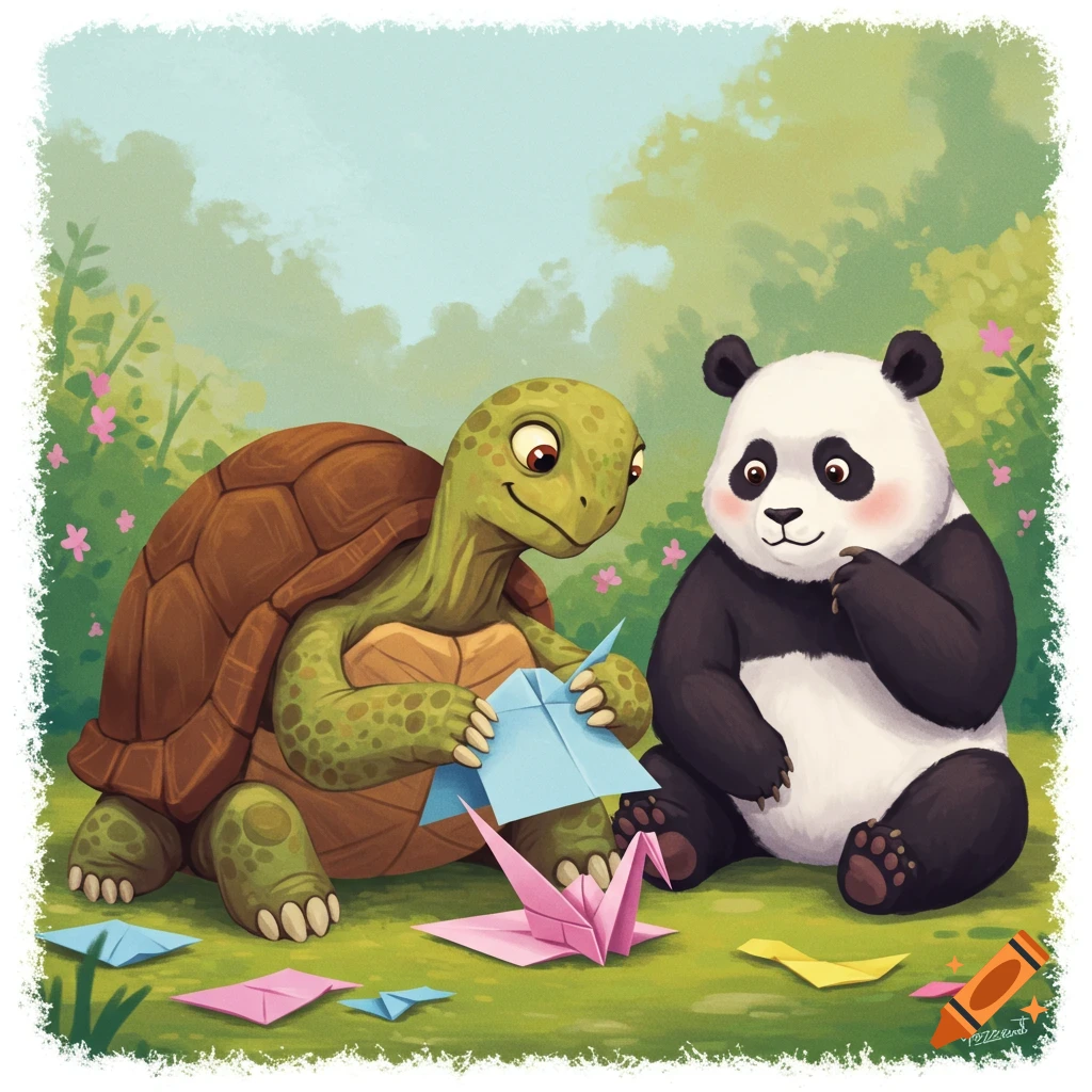A turtle and a panda sit on grass making origami animals.
