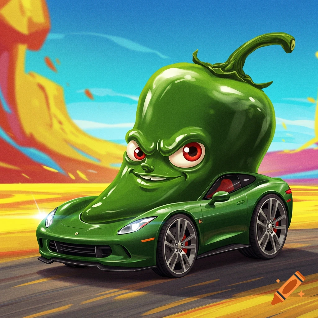 Cartoon green jalape
A green jalape
A cartoon green jalape
A jalape
A cartoon jalape
A cartoon green jalape
A green jalapeno character driving a green sports car on a road with a stylized background.