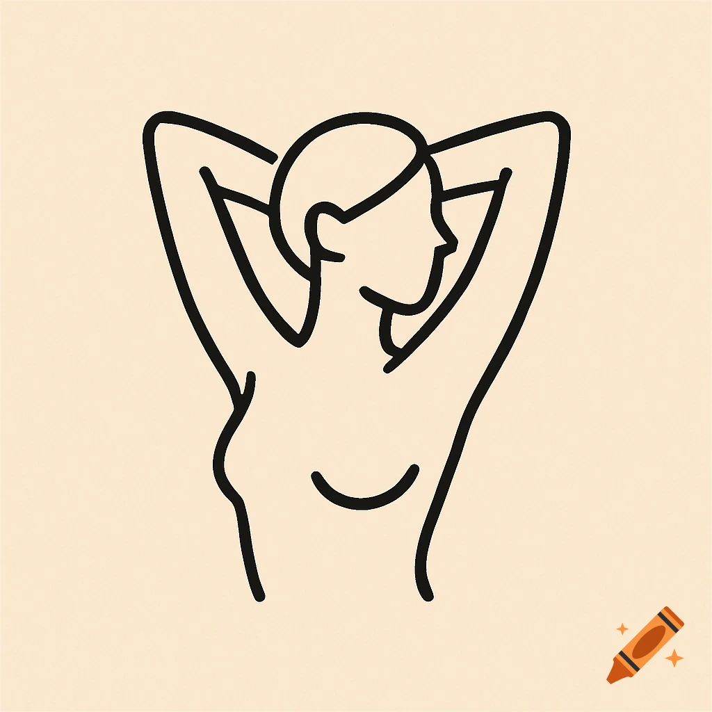 Minimalist line drawing of a woman with arms raised behind her head.