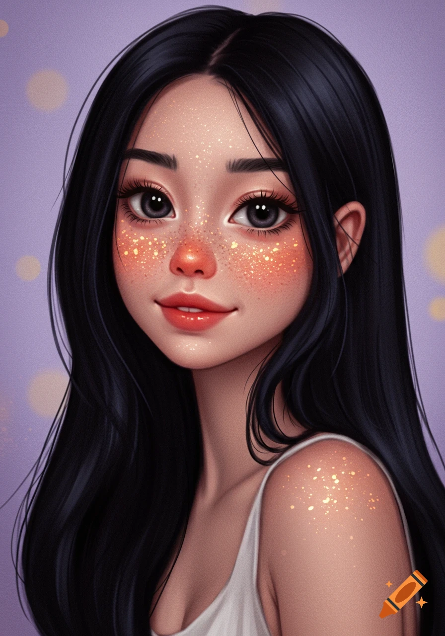 Stylized depiction of a woman with dark hair and glittery freckles.