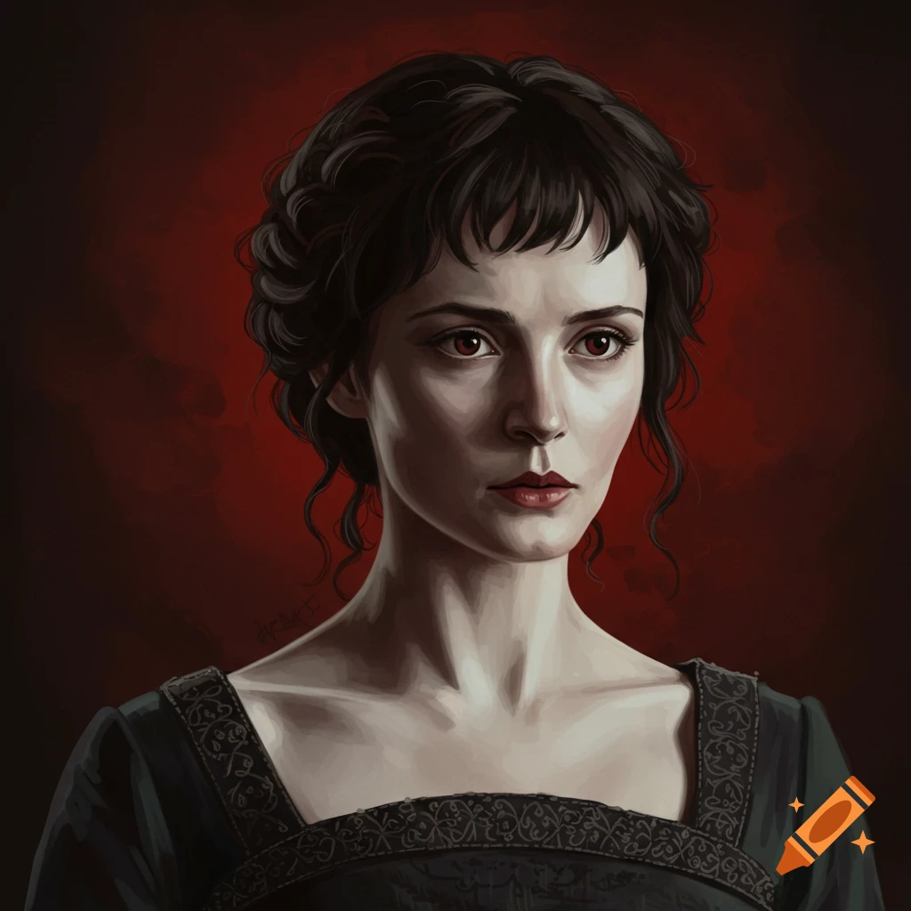 portrait of Lady Macbeth with dark hair, red eyes, and a dark dress against a red background.