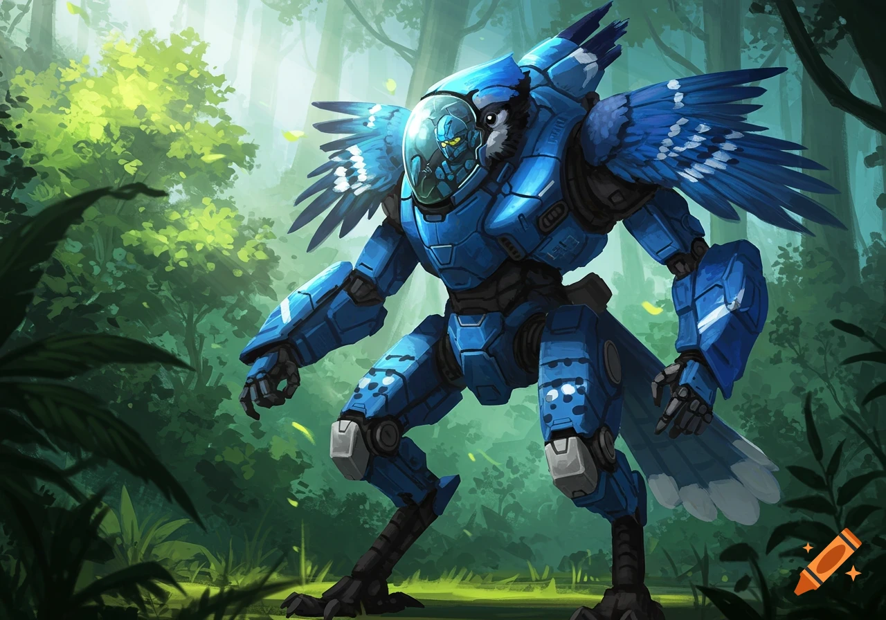 A blue jay themed mech warrior stands in a forest clearing.