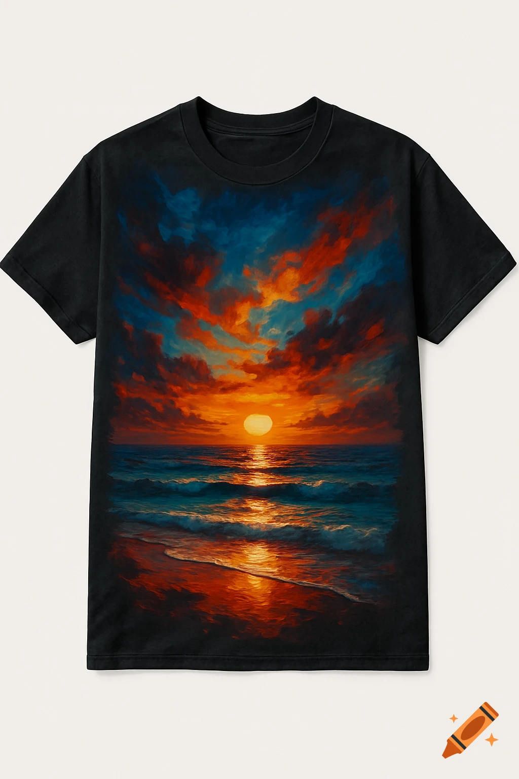 A vibrant sunset over the ocean on a black t-shirt.