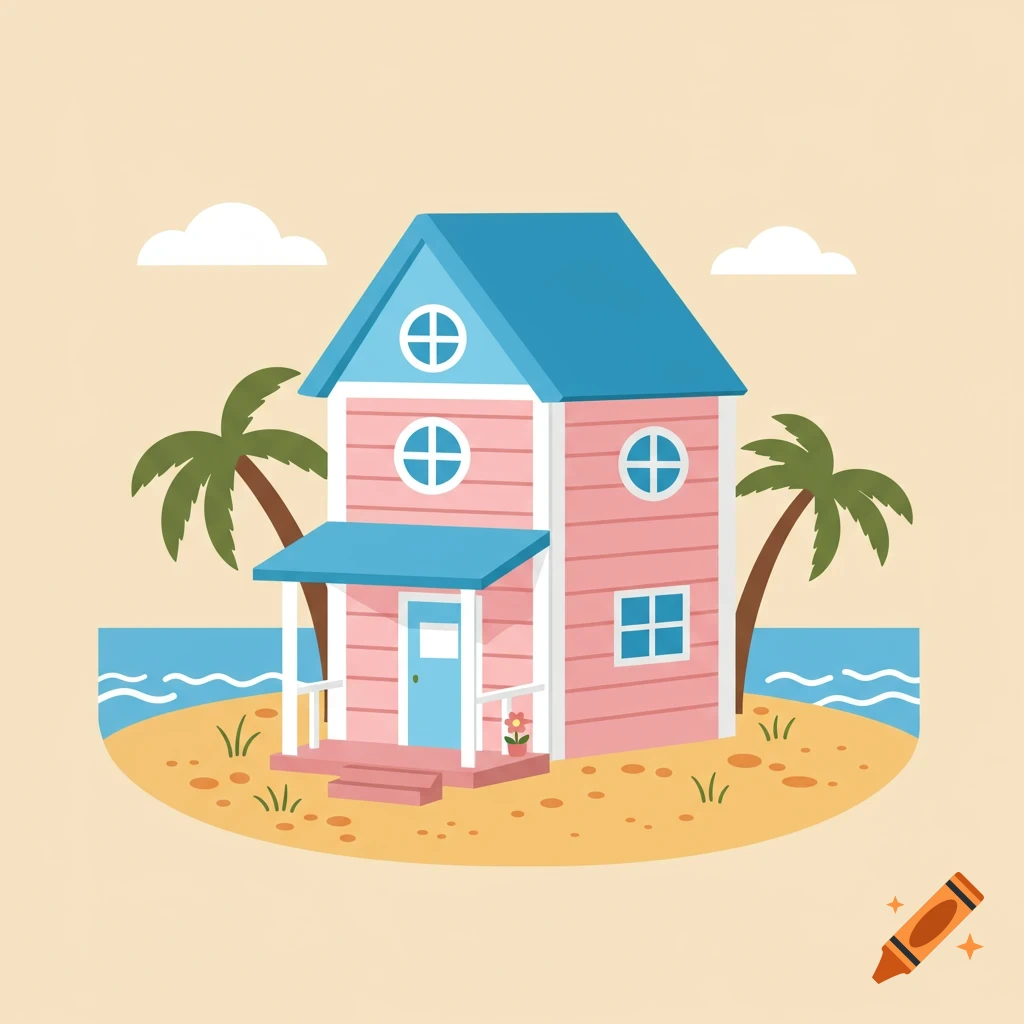 Flat vector illustration of a pink and blue beach house on an island with palm trees and water.