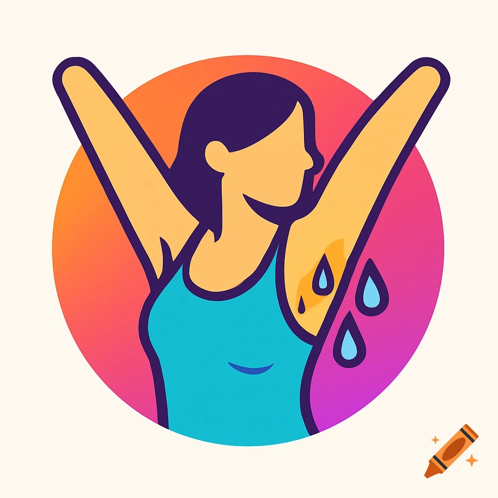 A vector logo illustration of a woman with arms raised showing armpits and sweat drops.