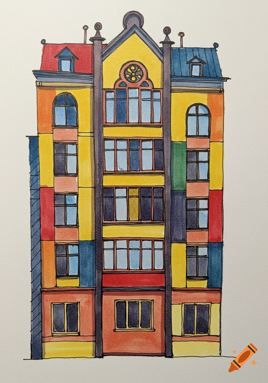 A colorful drawing of a building facade in a Kandinsky-like style.