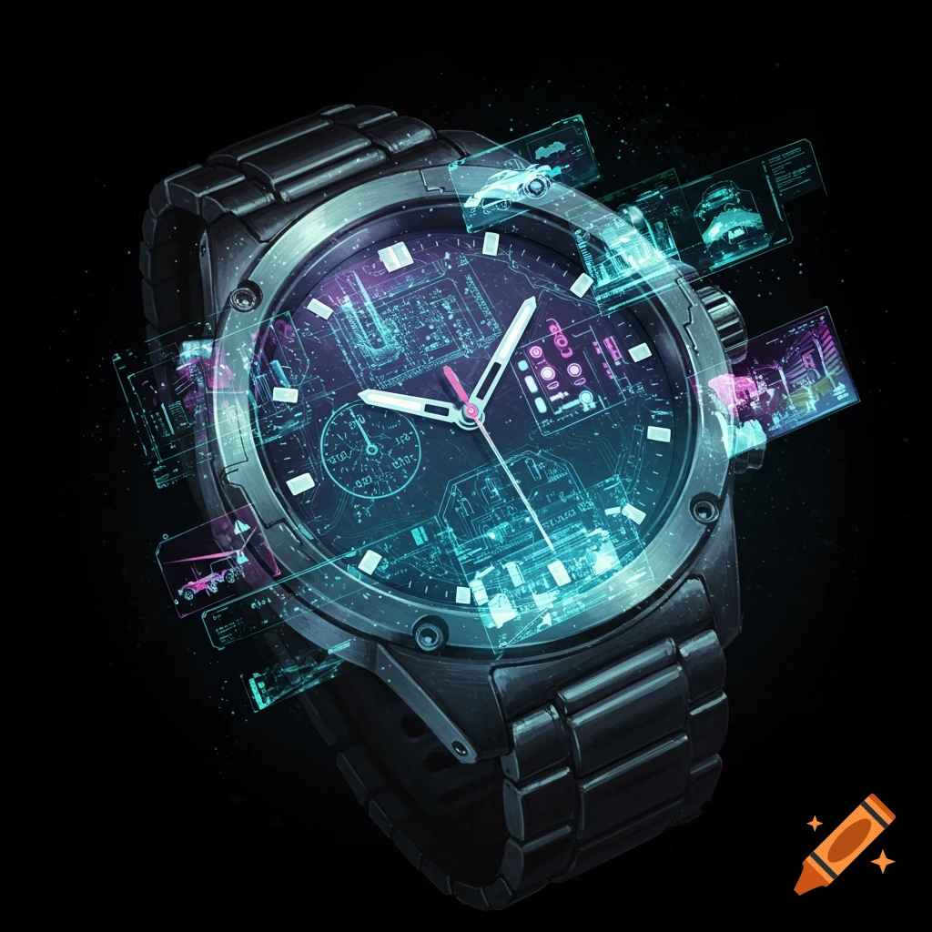 A dark watch with blue and purple holographic projections