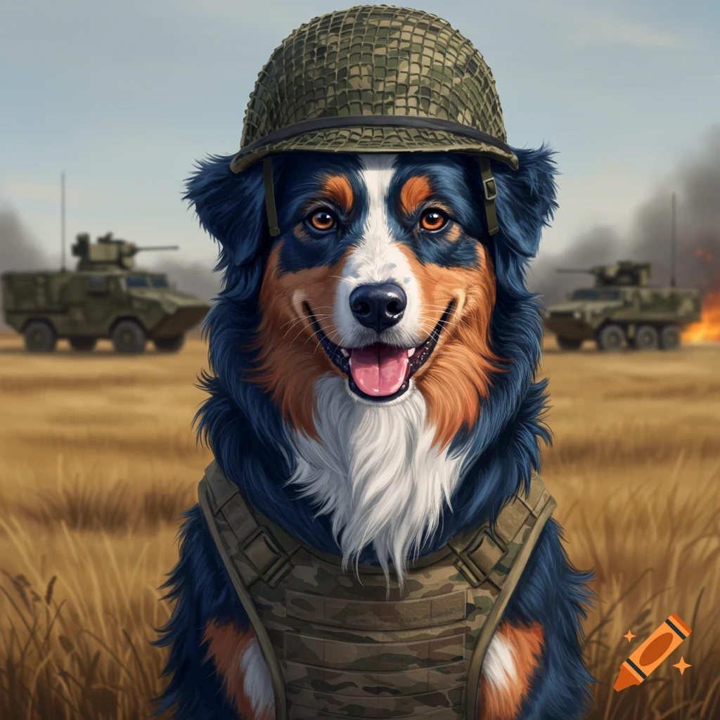 A dog in military gear on a battlefield