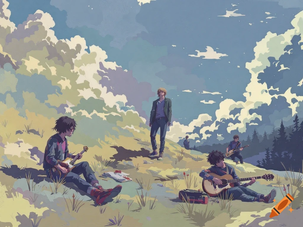 A band playing music in a grassy field under a cloudy sky.