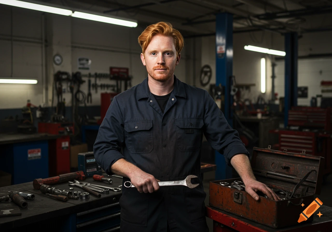 A man with red hair in a mechanic's uniform stands in a workshop, holding a wrench.