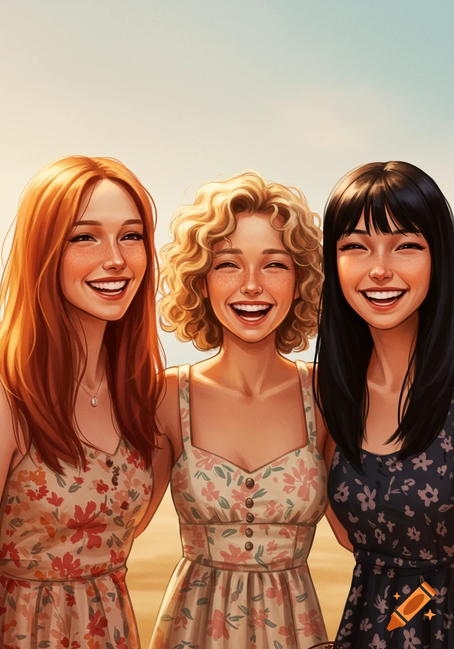 Three young women smiling outdoors.