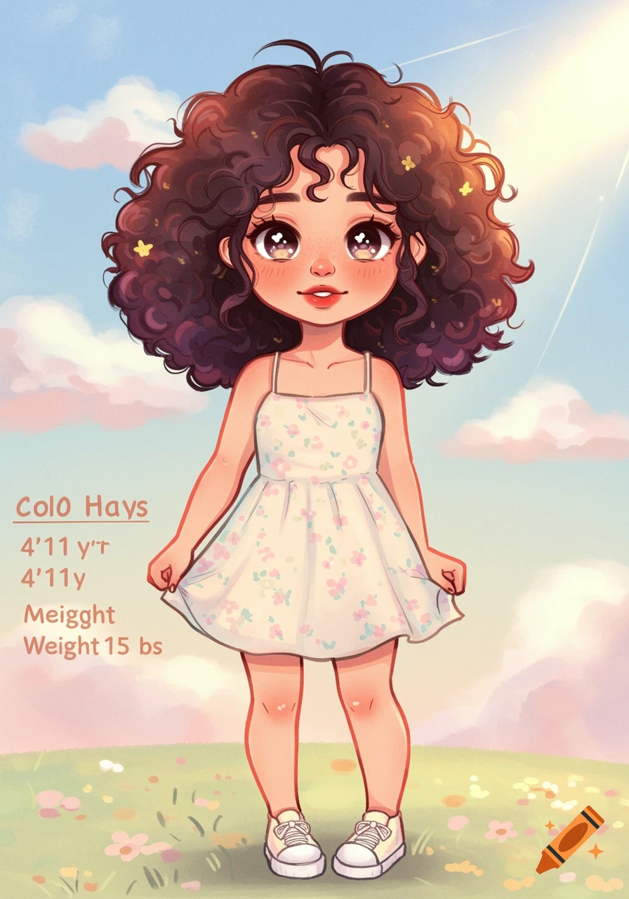 A cartoon illustration of a girl with curly hair in a floral dress standing in a sunny field.