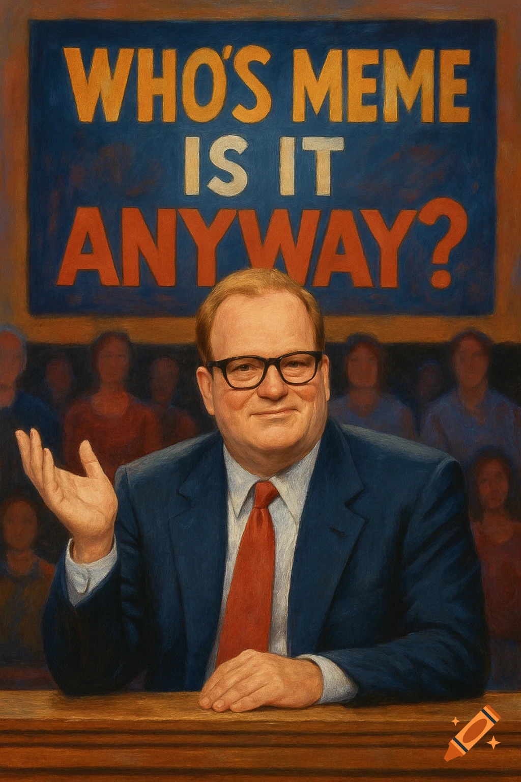 A man in a suit and glasses is gesturing at a table with a sign behind him reading 'WHO'S MEME IS IT ANYWAY?'
