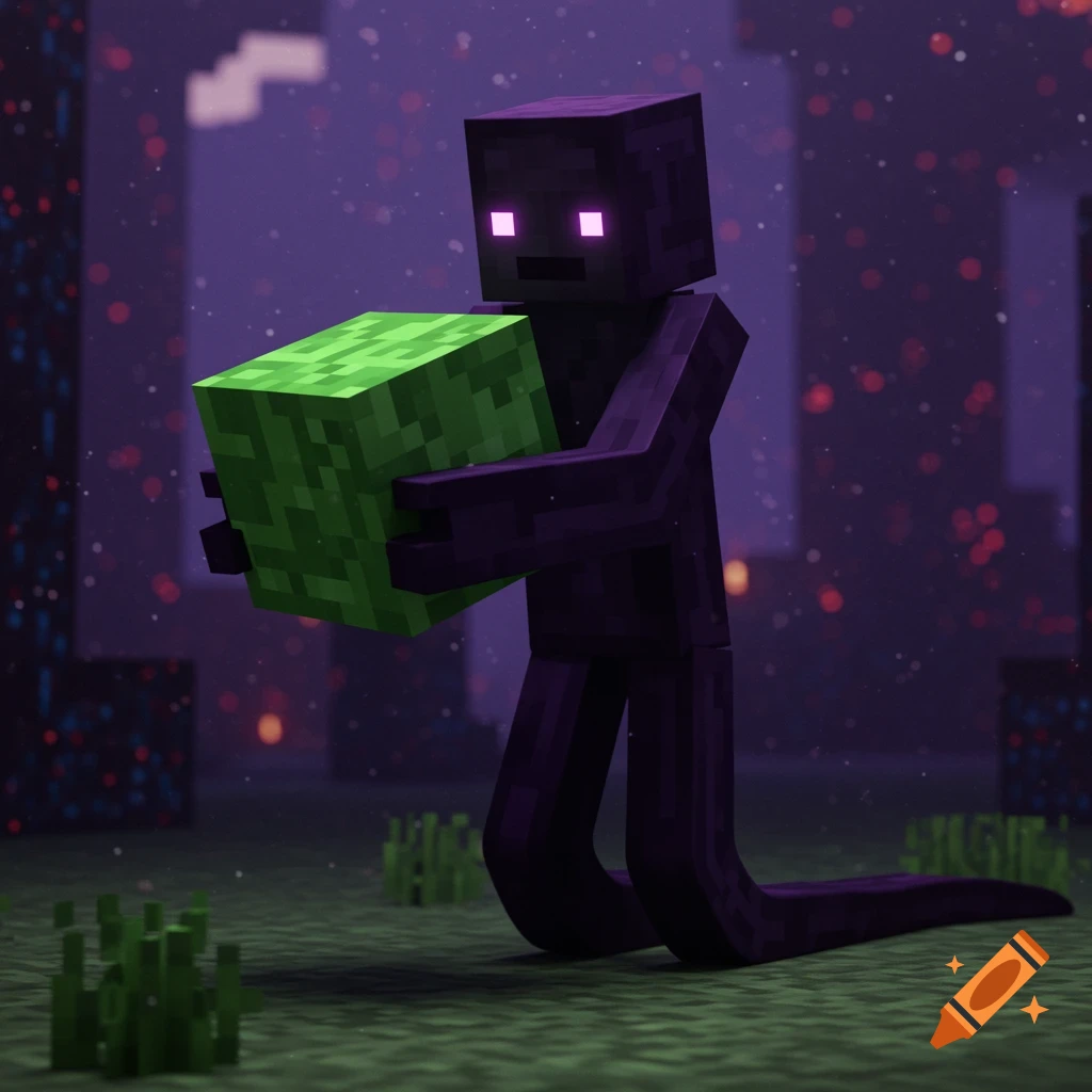 A Minecraft Enderman holding a mycelium grass block in a dark, purple environment.