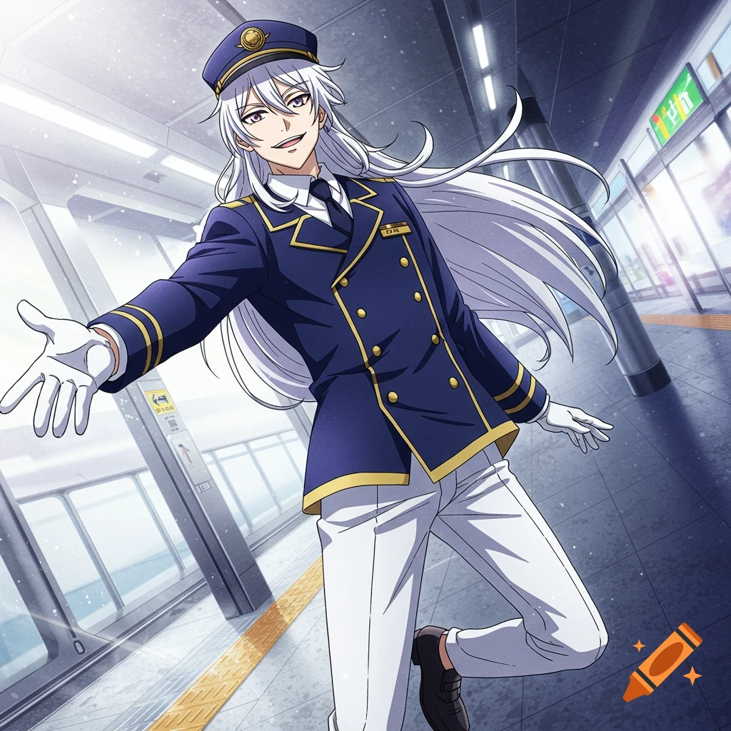 Anime man with white hair and purple eyes in a train conductor uniform poses at a station.