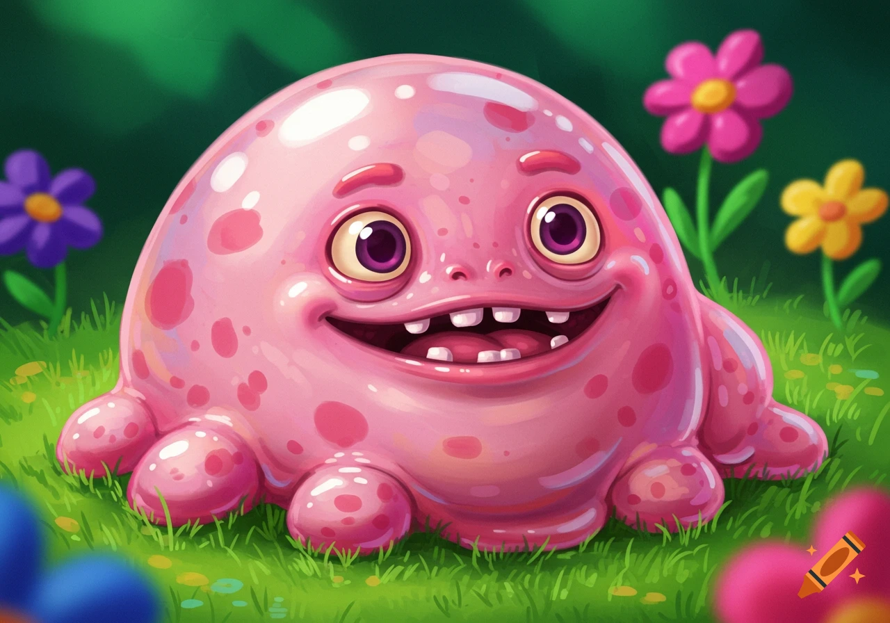 A pink, squishy cartoon monster with big eyes smiles in a garden.