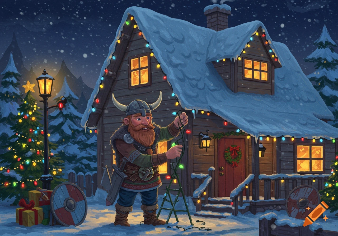 A Viking decorating a snowy house with Christmas lights at night.