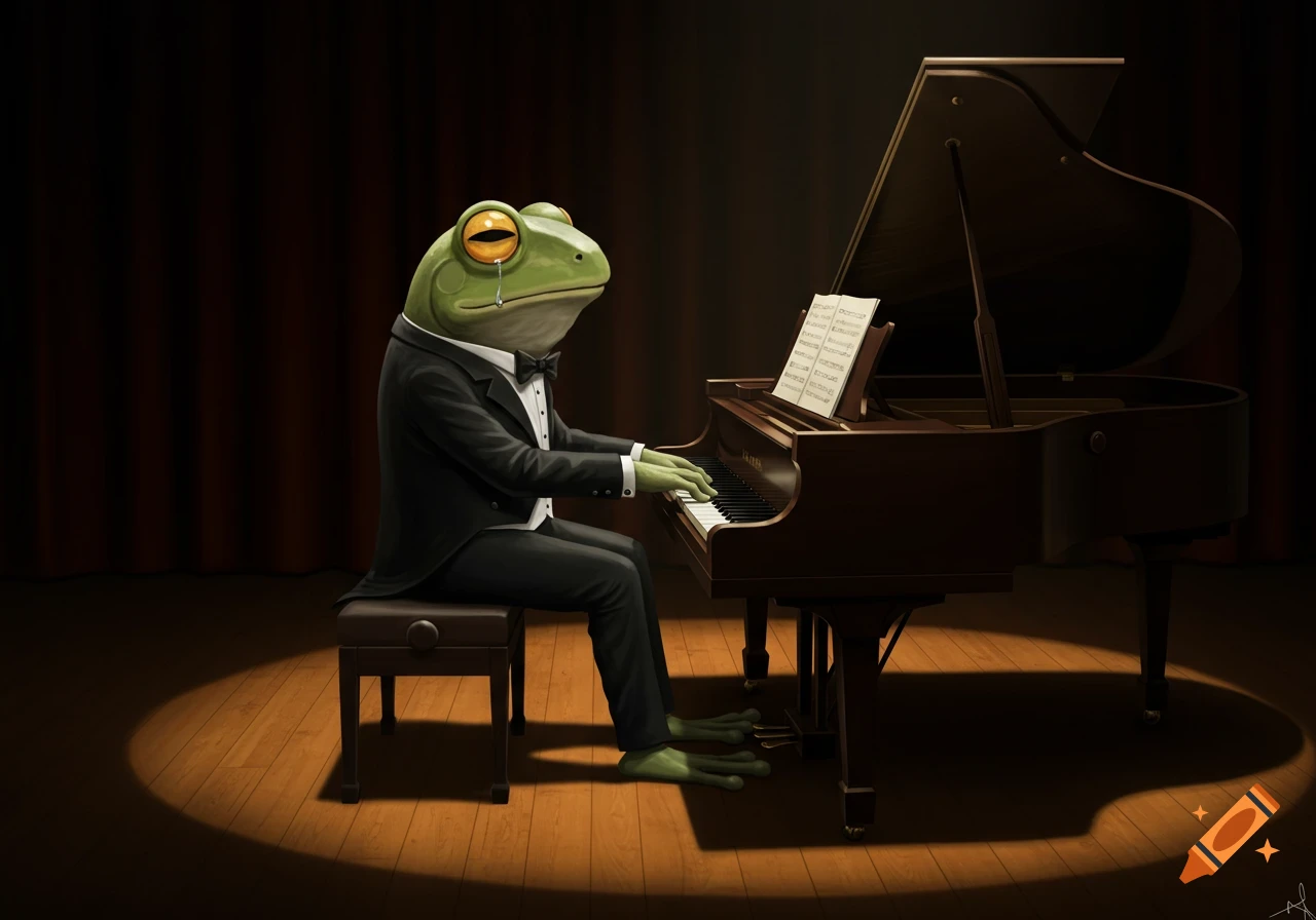 A frog in a tuxedo plays a grand piano on a dimly lit stage.