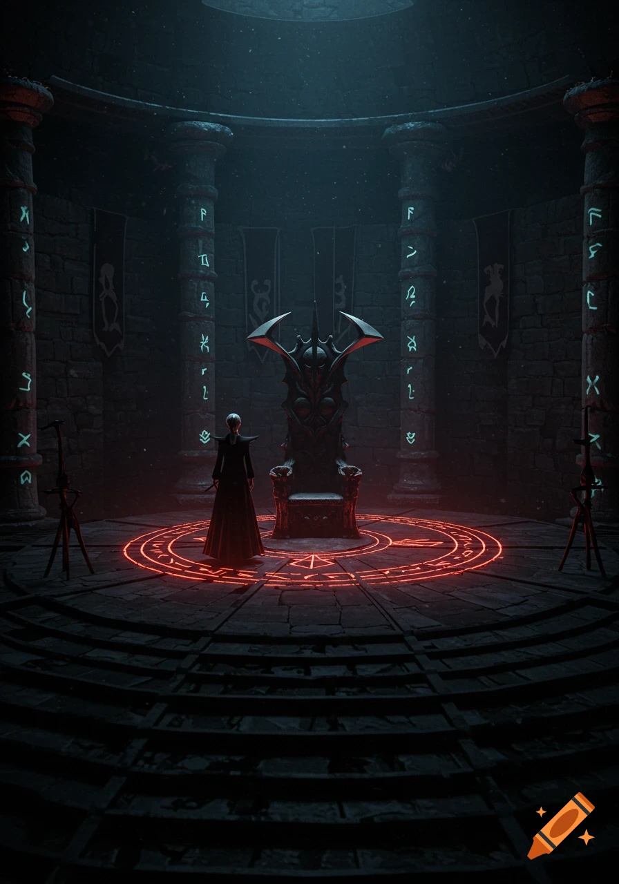 A figure stands before a dark throne surrounded by glowing symbols in a fantasy room.