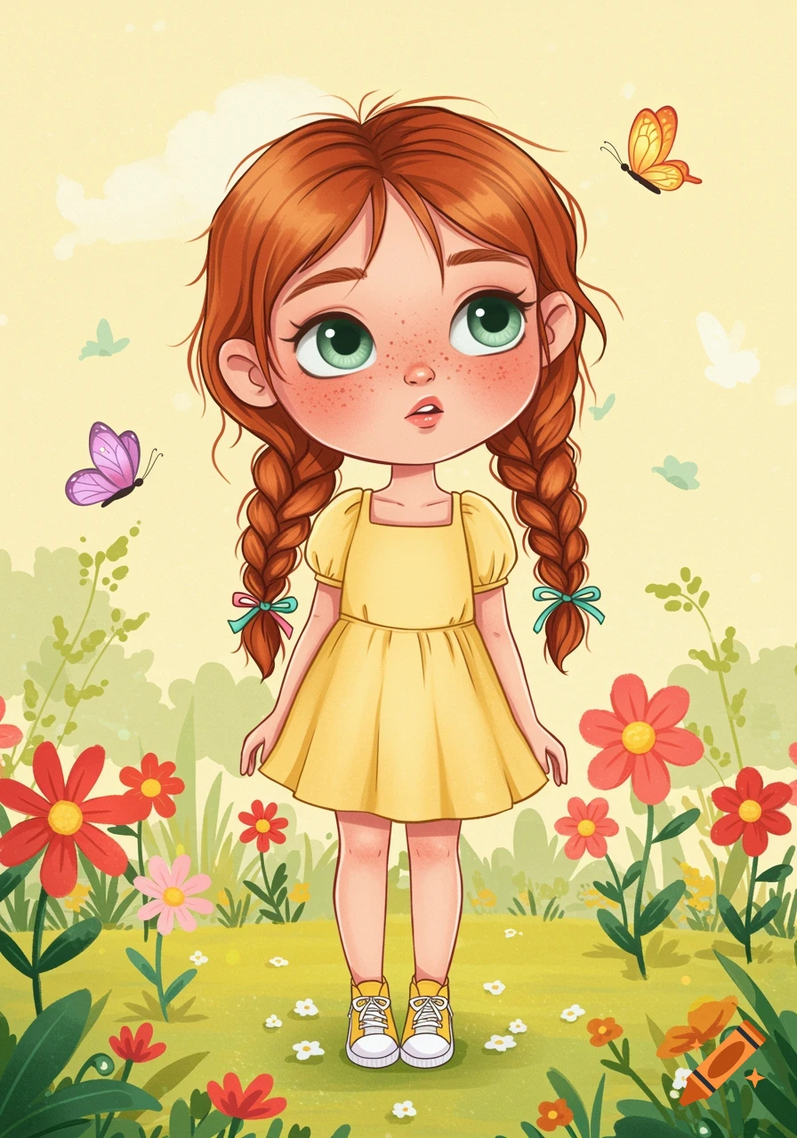 Children's illustration of a girl with red braids and freckles in a yellow dress, standing in a garden with flowers and butterflies.