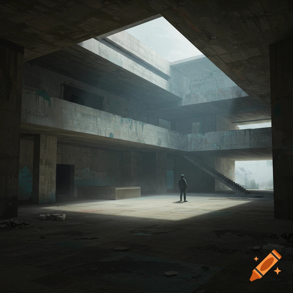 A figure stands in a vast, brutalist concrete building with layers of walkways and shafts of light streaming from above.