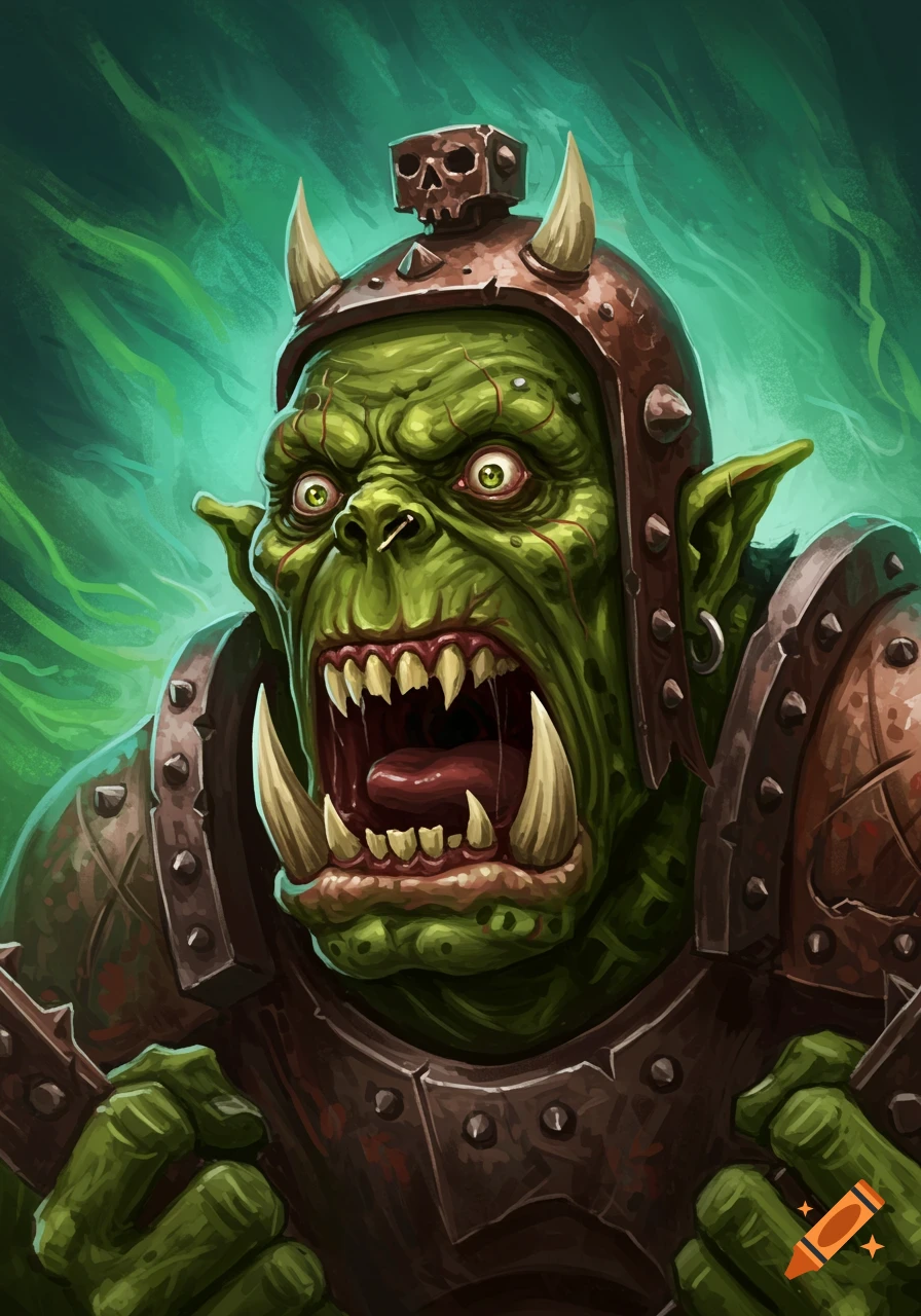 A terrified green ork with wide eyes and open mouth showing sharp teeth, wearing armor, against a swirling green background.