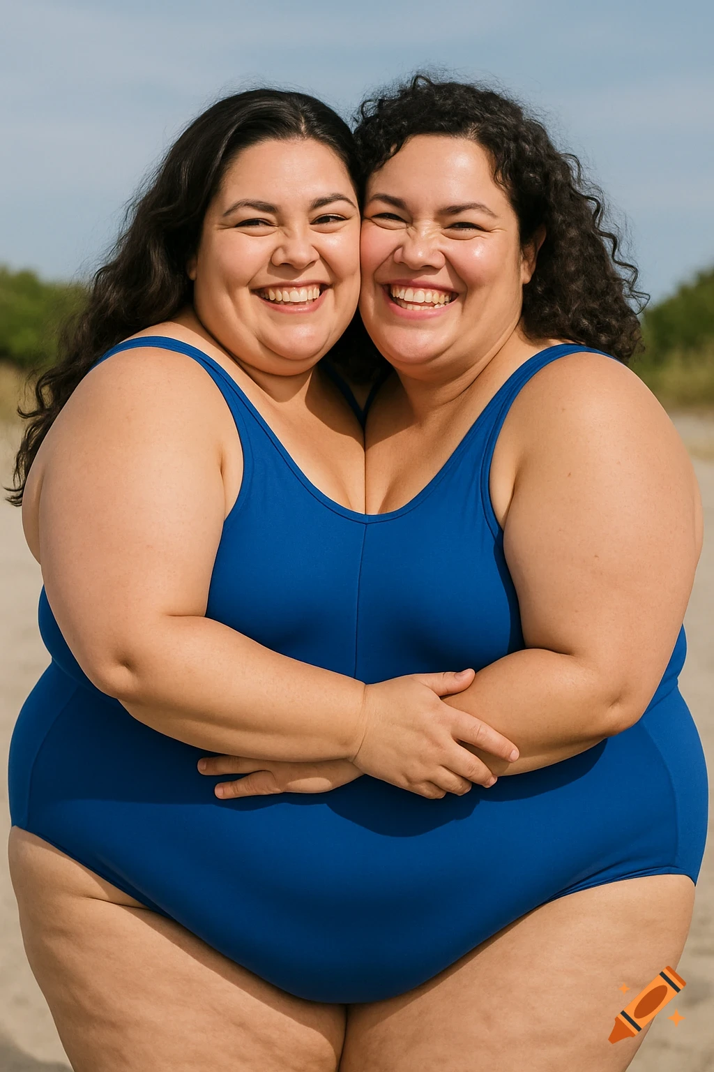 Two women in one plus size bathing suit on Craiyon