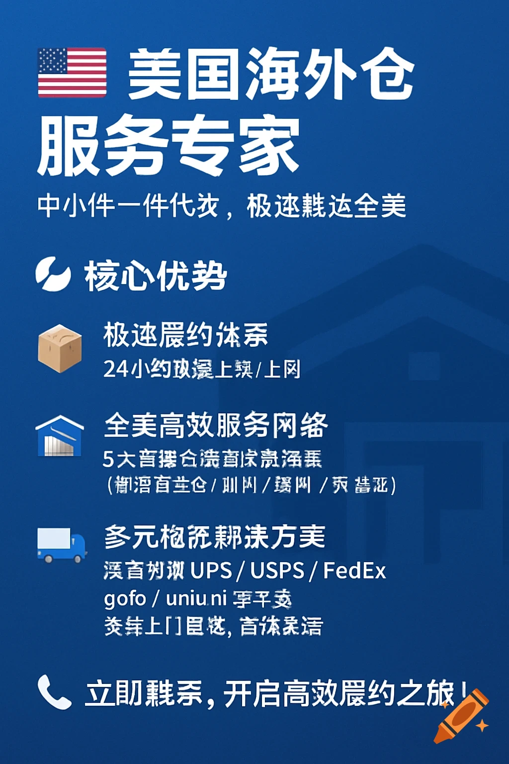 Promotional graphic with text and icons about US overseas warehouse services.