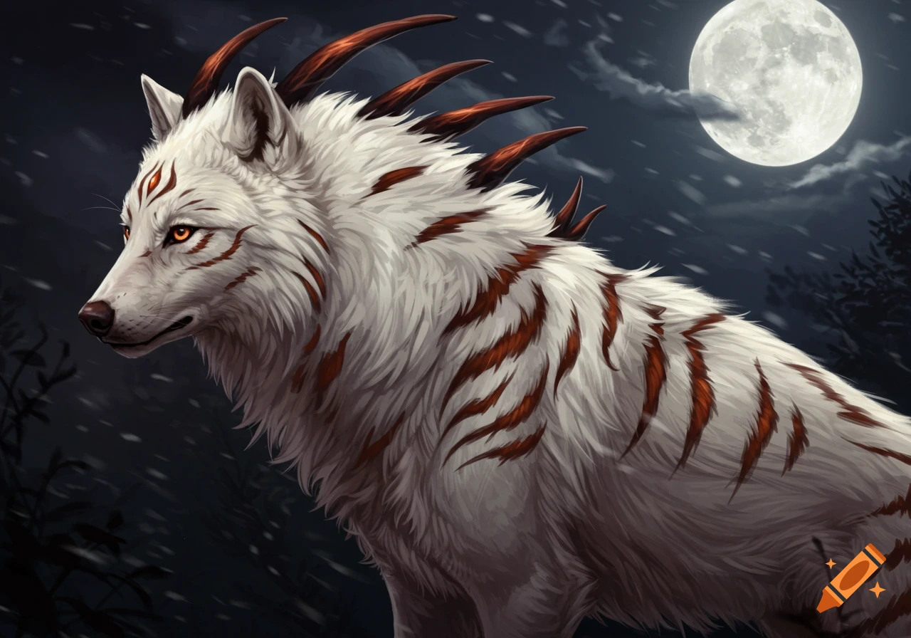 A white wolf with brown stripes and horns stands under a full moon.
