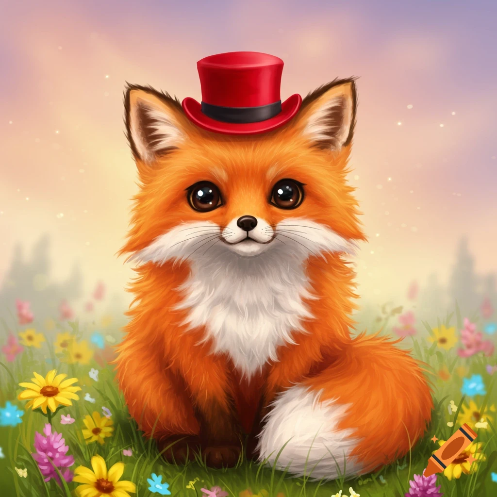 A cute fox wearing a red hat sitting in a field of colorful flowers.