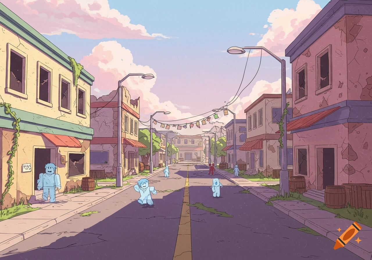 Cartoon of blocky figures walking and running in an abandoned pastel-colored town street.