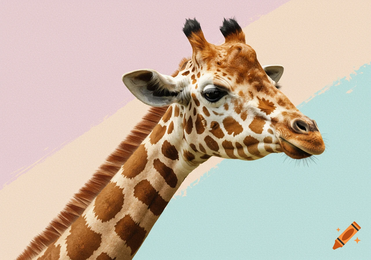 Close-up of a giraffe's head and neck against a pastel striped background.