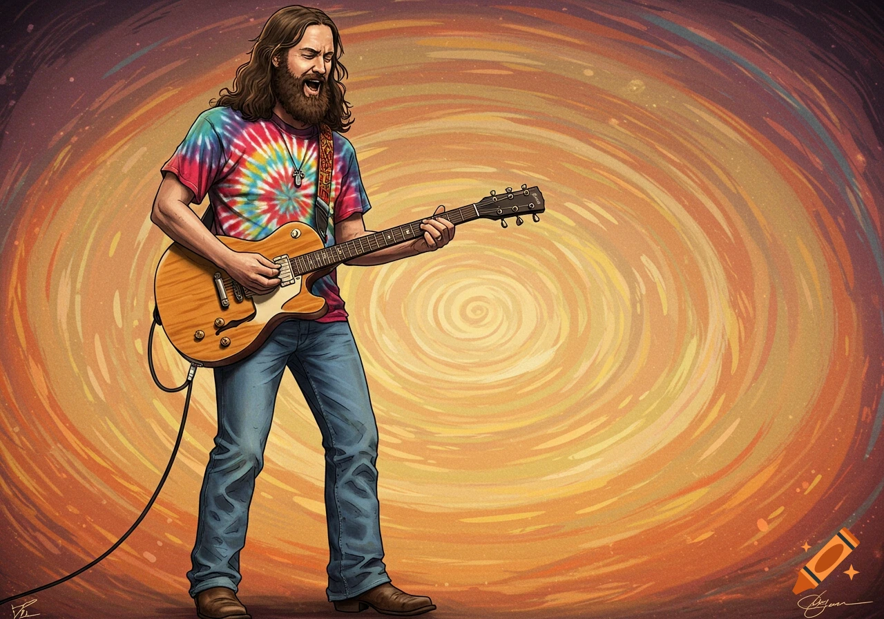 Illustration of a man in a tie-dye shirt playing a guitar against a swirling background.