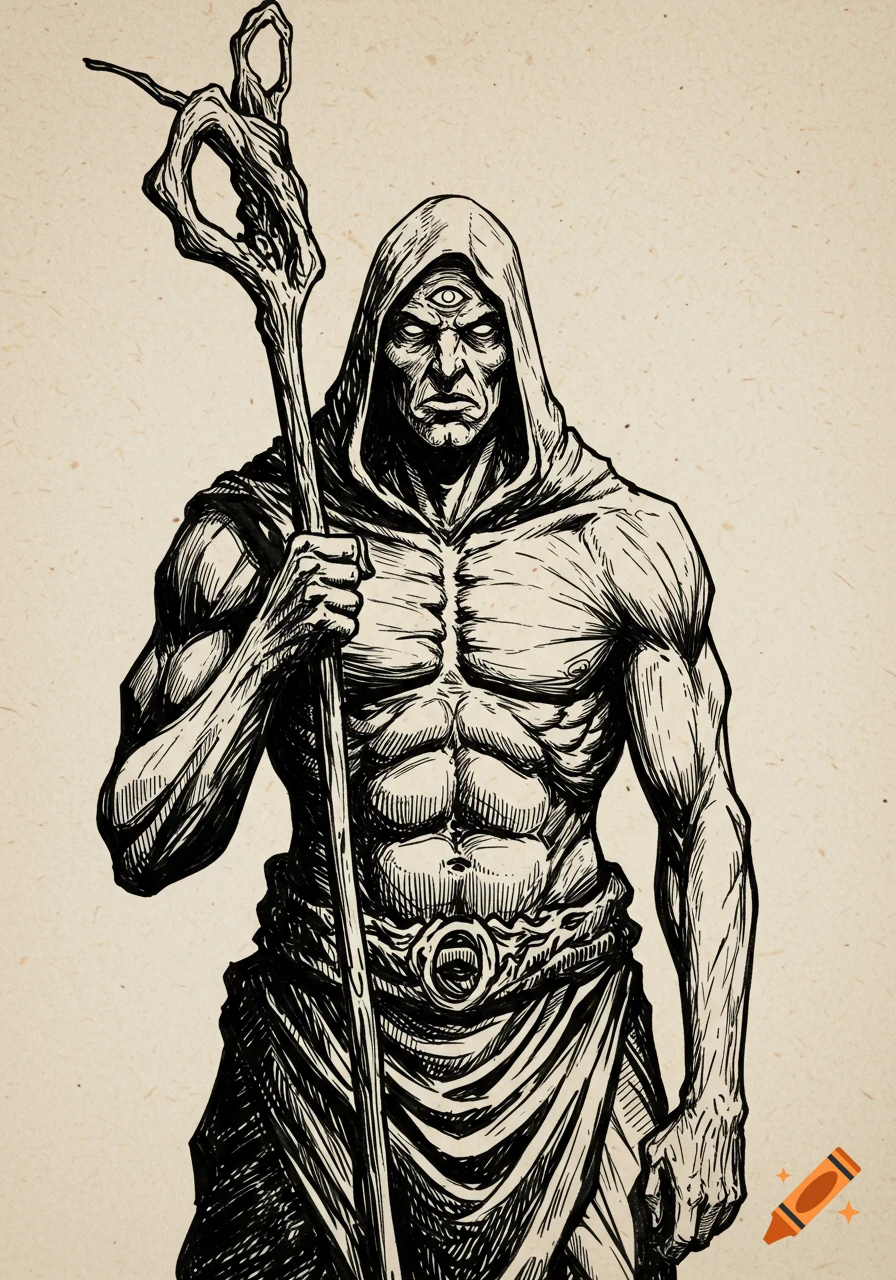 Muscular, hooded figure with a third eye holds a staff, in a black and white ink sketch.