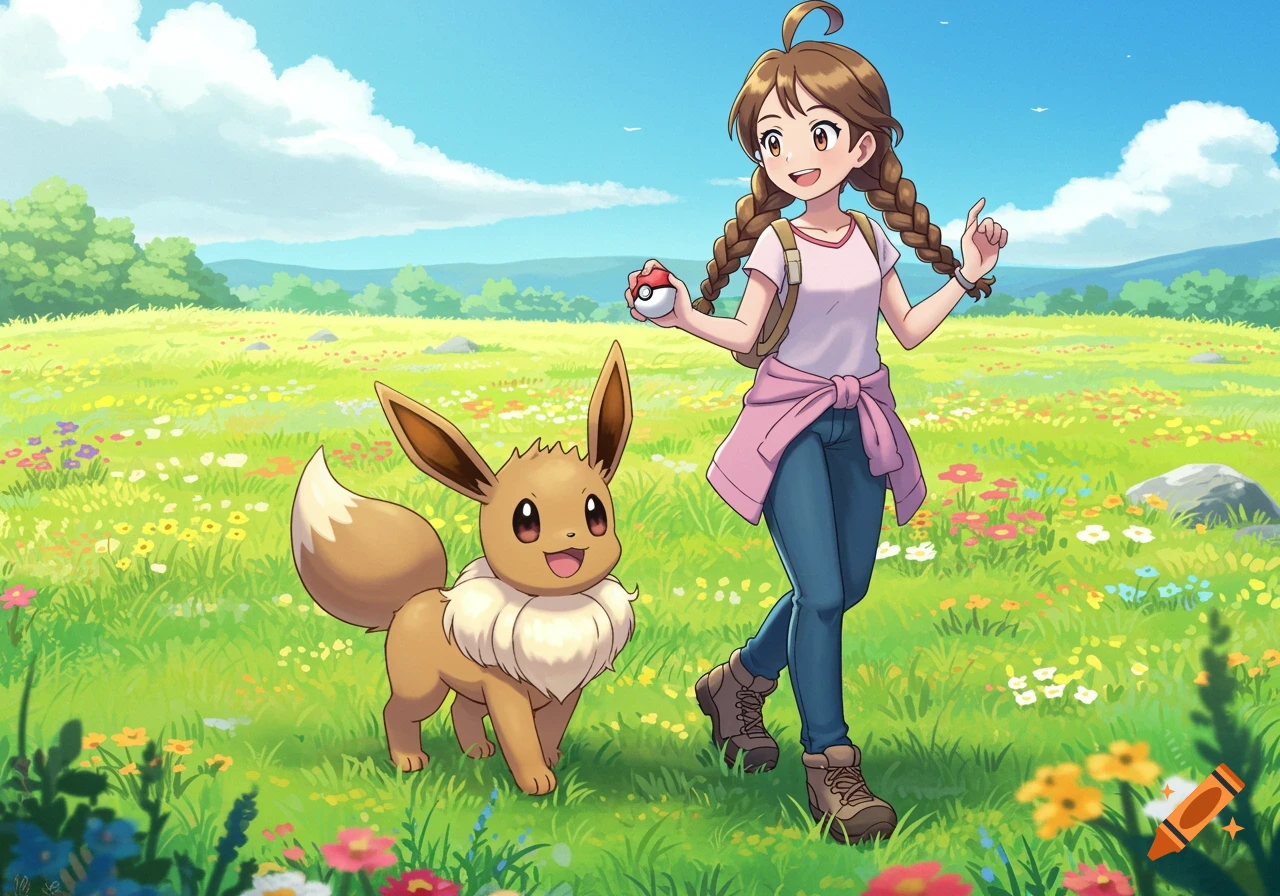 A cheerful Pokemon trainer and Eevee walk through a vibrant meadow in anime style.