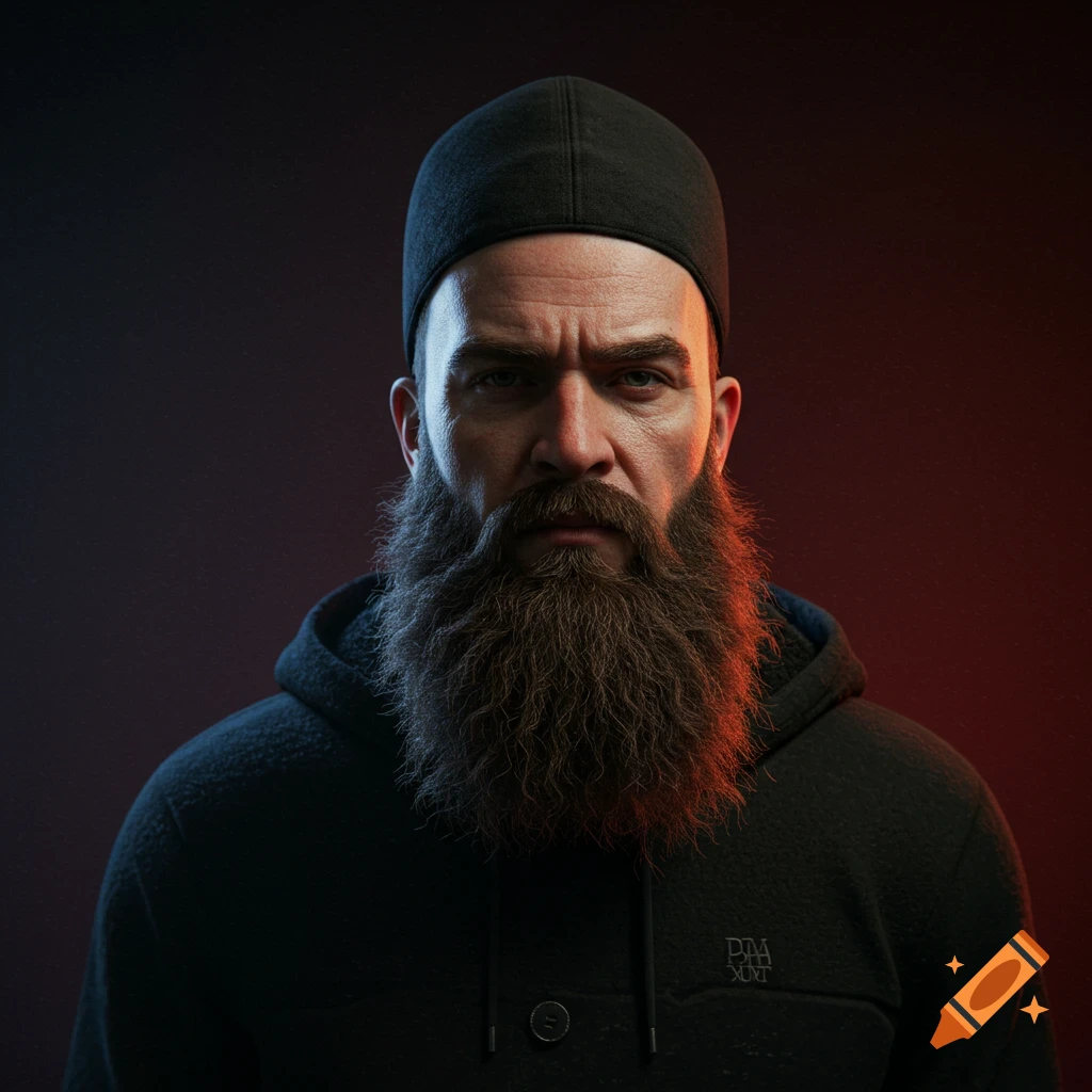 Portrait of a serious man with a large beard, wearing a black hat and hoodie.