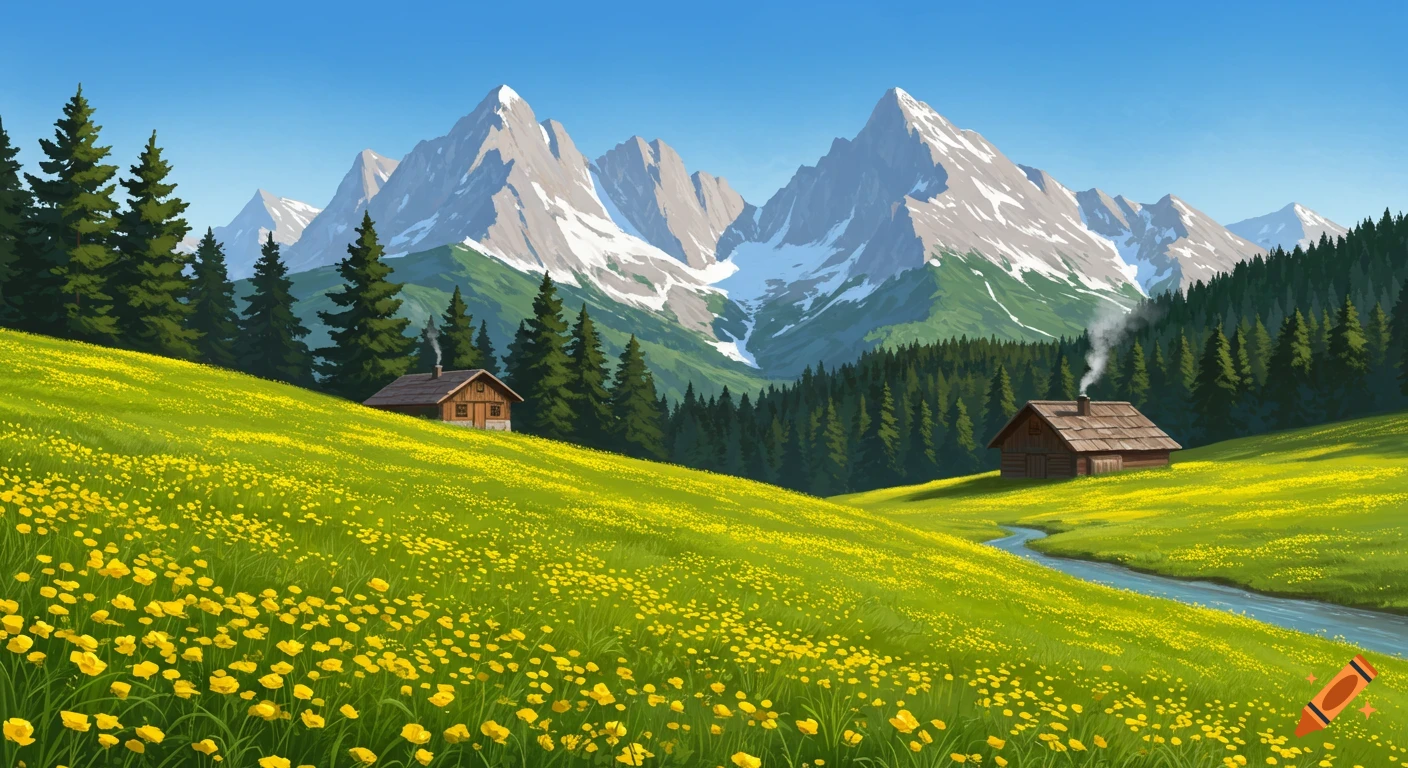 An Alpine landscape with golden buttercup meadows, snow-capped mountains, pine trees, wooden huts with smoke, and a stream.