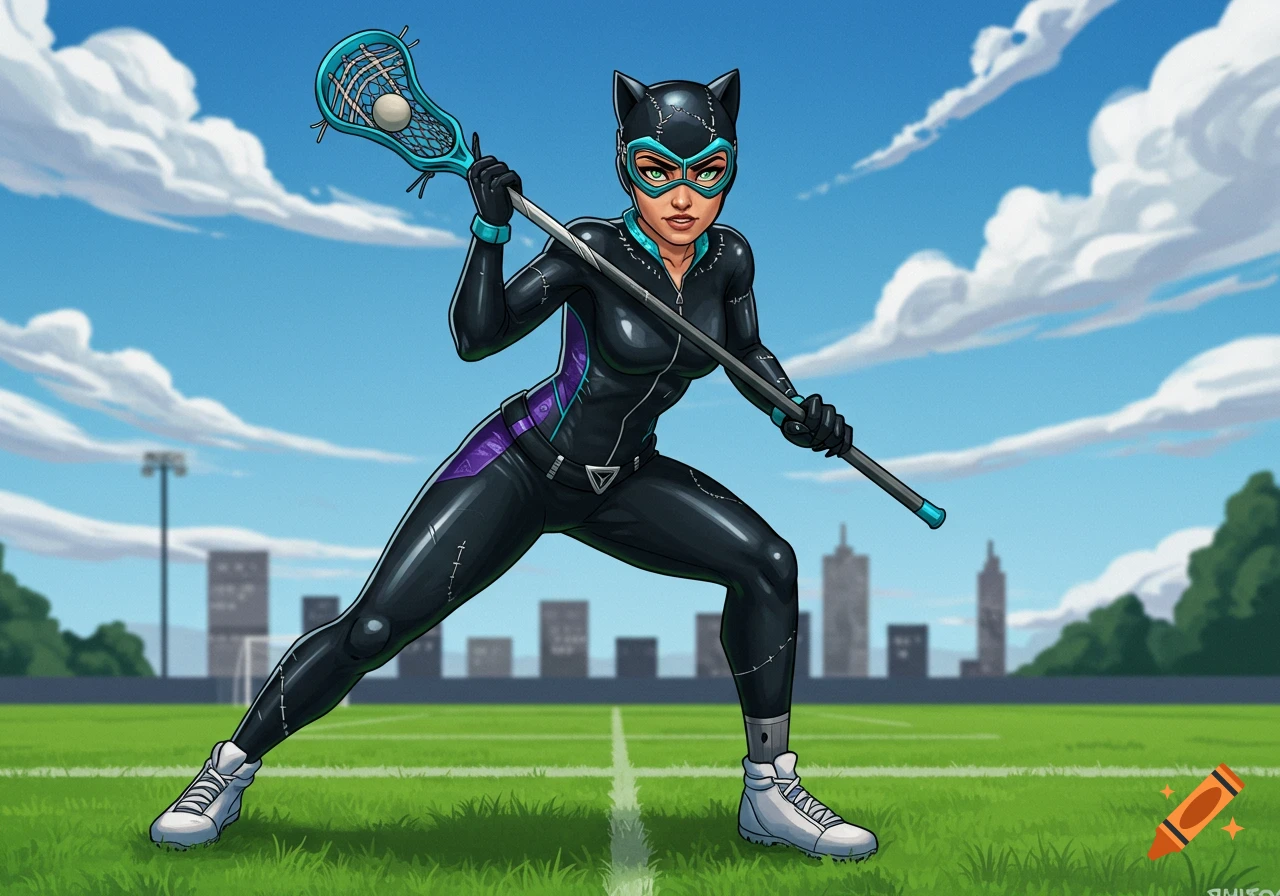 Catwoman in a black suit playing lacrosse on a green field with a city background.