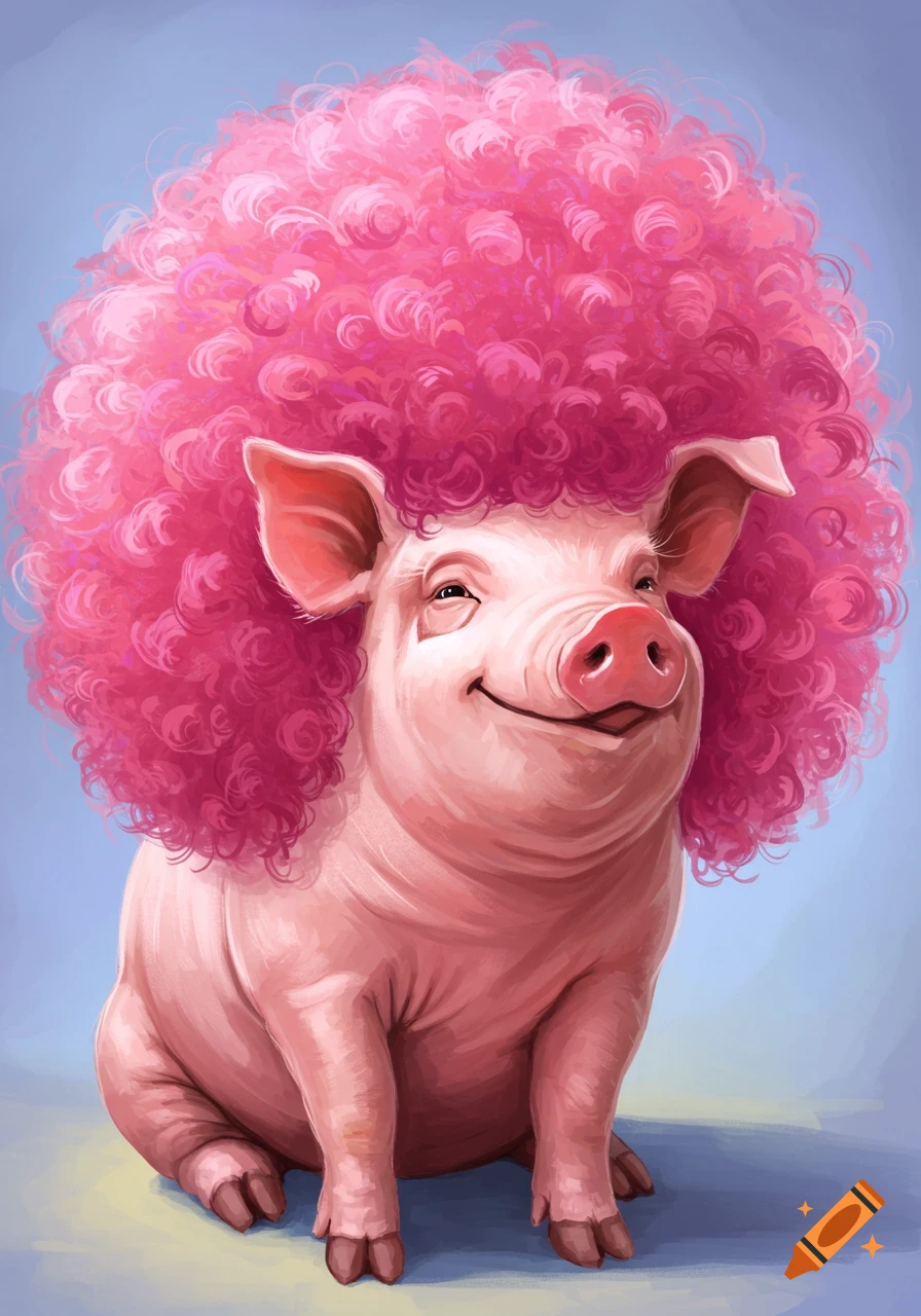 A smiling pig wearing a large, fluffy pink wig.