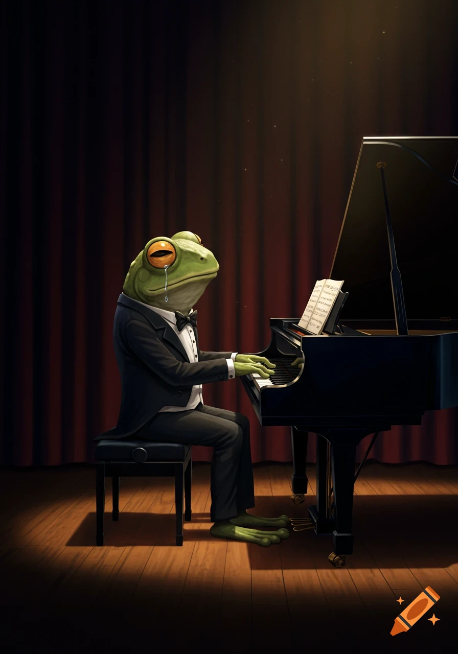 A crying frog in a tuxedo plays the piano on a dimly lit stage.