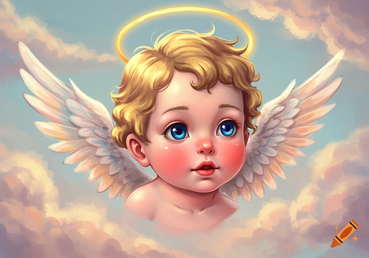 A cherub with wings and a halo floating in clouds.