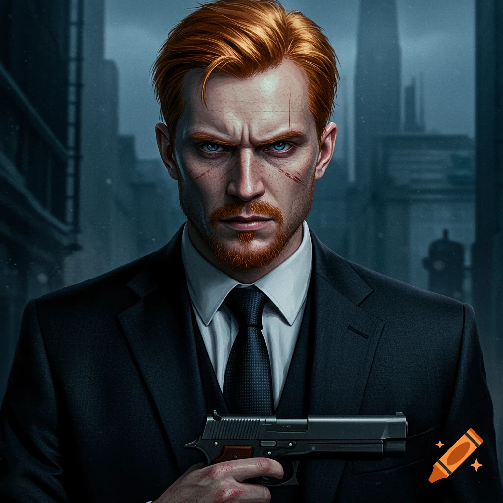 A serious red-haired man in a suit holds a gun in front of a blurry city background.