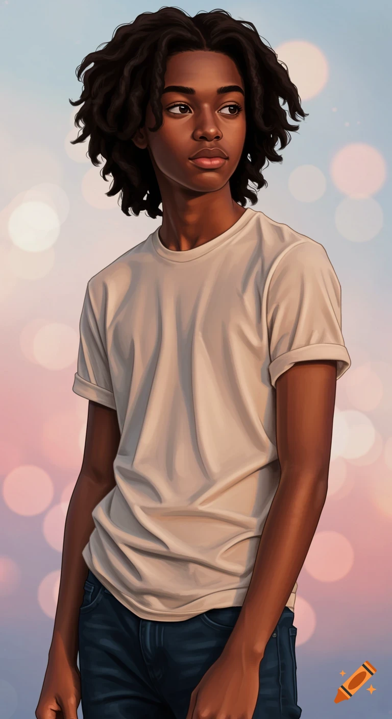 A young person with dark skin and curly hair is wearing a white t-shirt against a bokeh background.