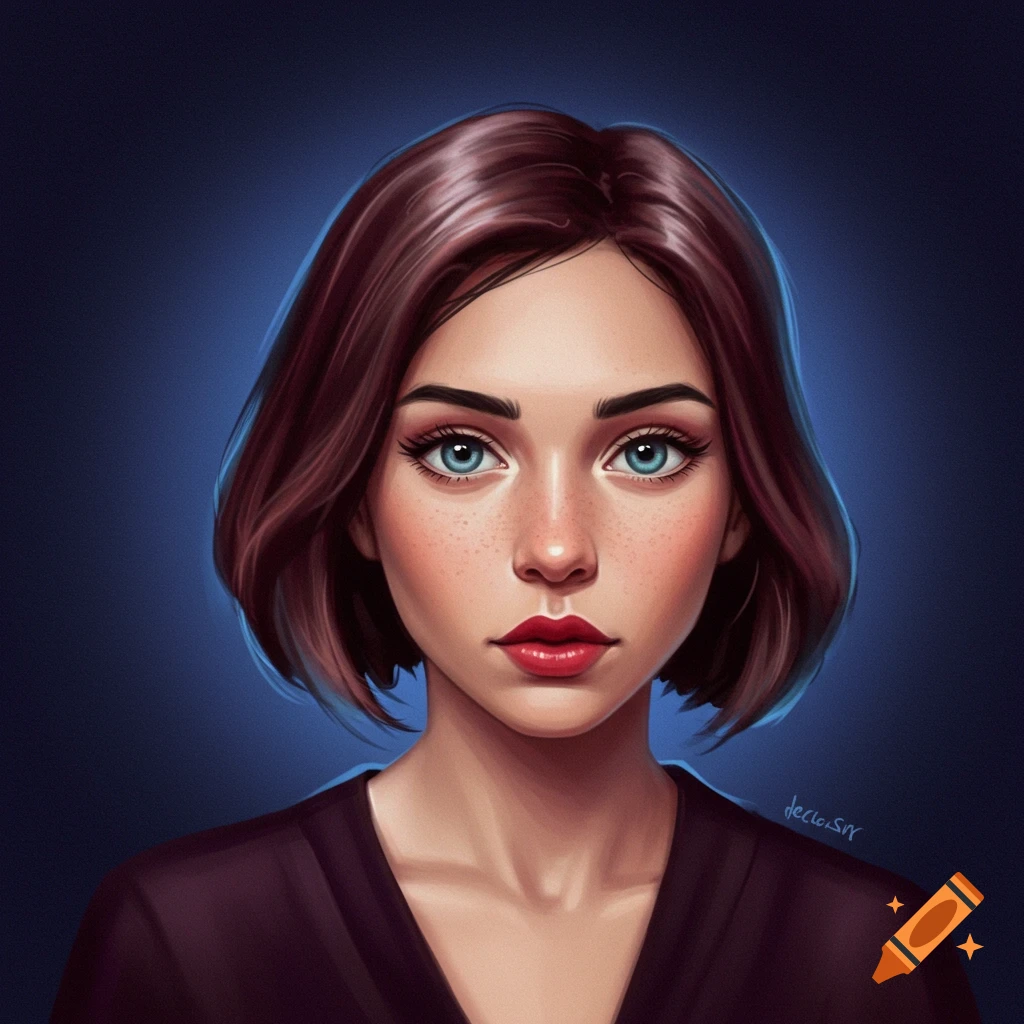 A close-up portrait of a woman with short brown hair, blue eyes, freckles, and red lipstick against a blue background.