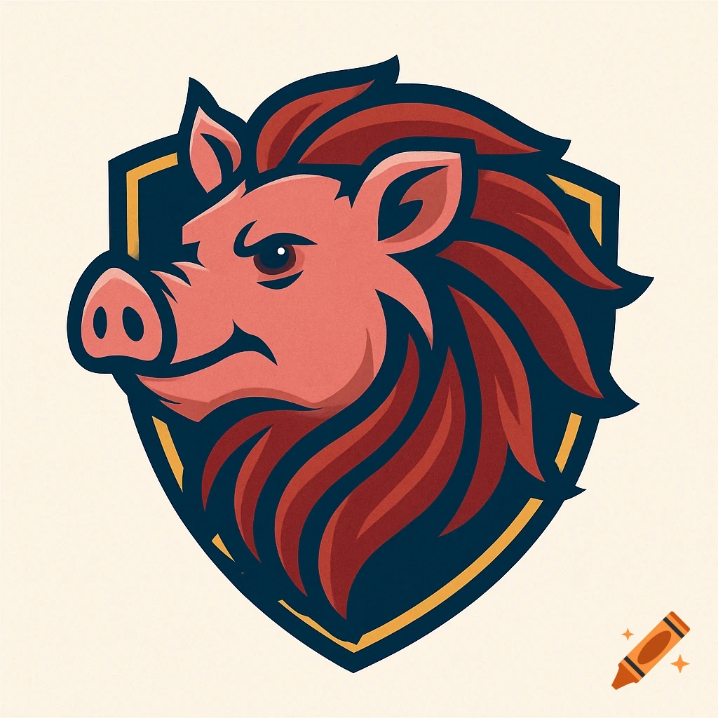 A stylized image of a pig head with a lion's mane inside a shield logo.