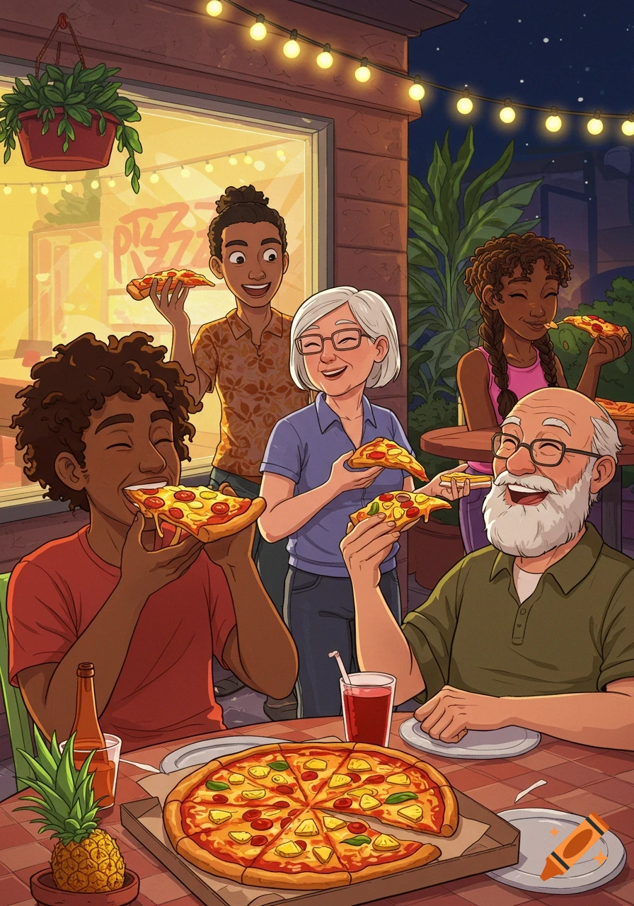 Family eating pizza with pineapple outside a pizza parlor at night.