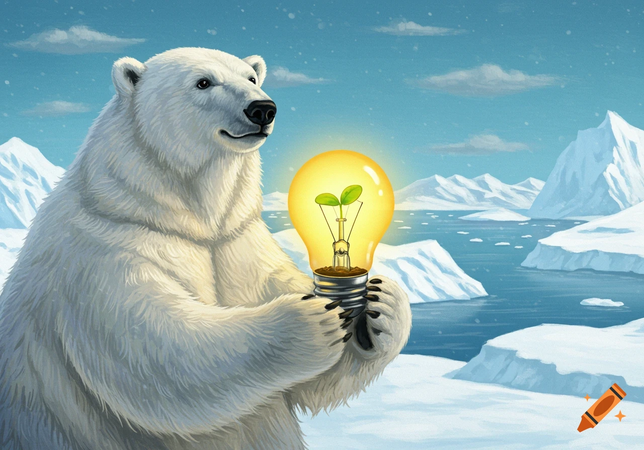 A polar bear holding a glowing light bulb with a plant growing inside, set in an arctic landscape.