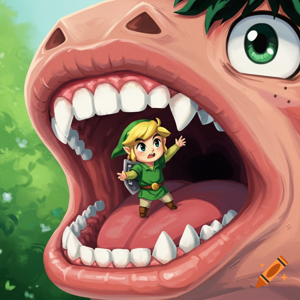 A tiny Link stands inside the large open mouth of a character resembling Deku.