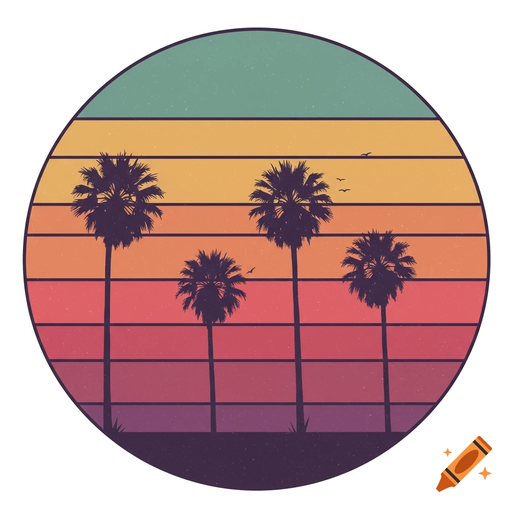 Retro graphic of palm trees against a striped sunset in a circle
