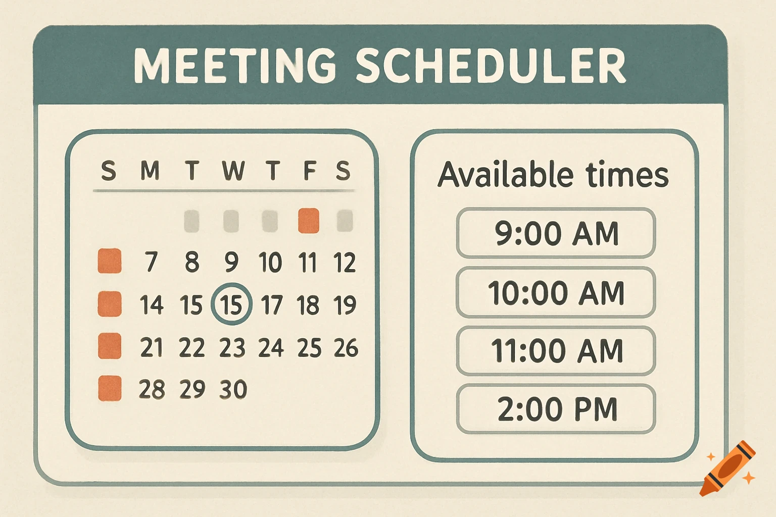 Digital graphic of a meeting scheduler showing a calendar and available times.
